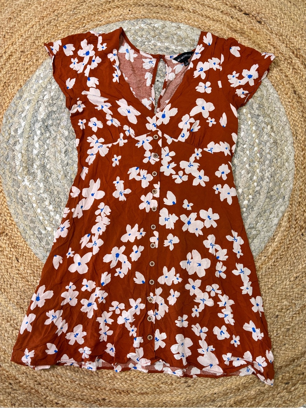 My Michelle Rust Floral Midi Dress with White and Blue Blossoms